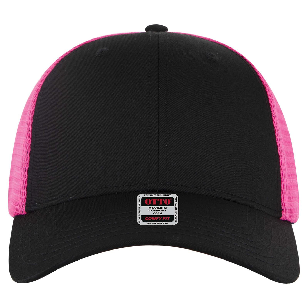 Front View of 030389 - Blk/Blk/N.Pnk OTTO CAP "OTTO COMFY FIT" 6 Panel Low Profile Mesh Back Trucker Hat