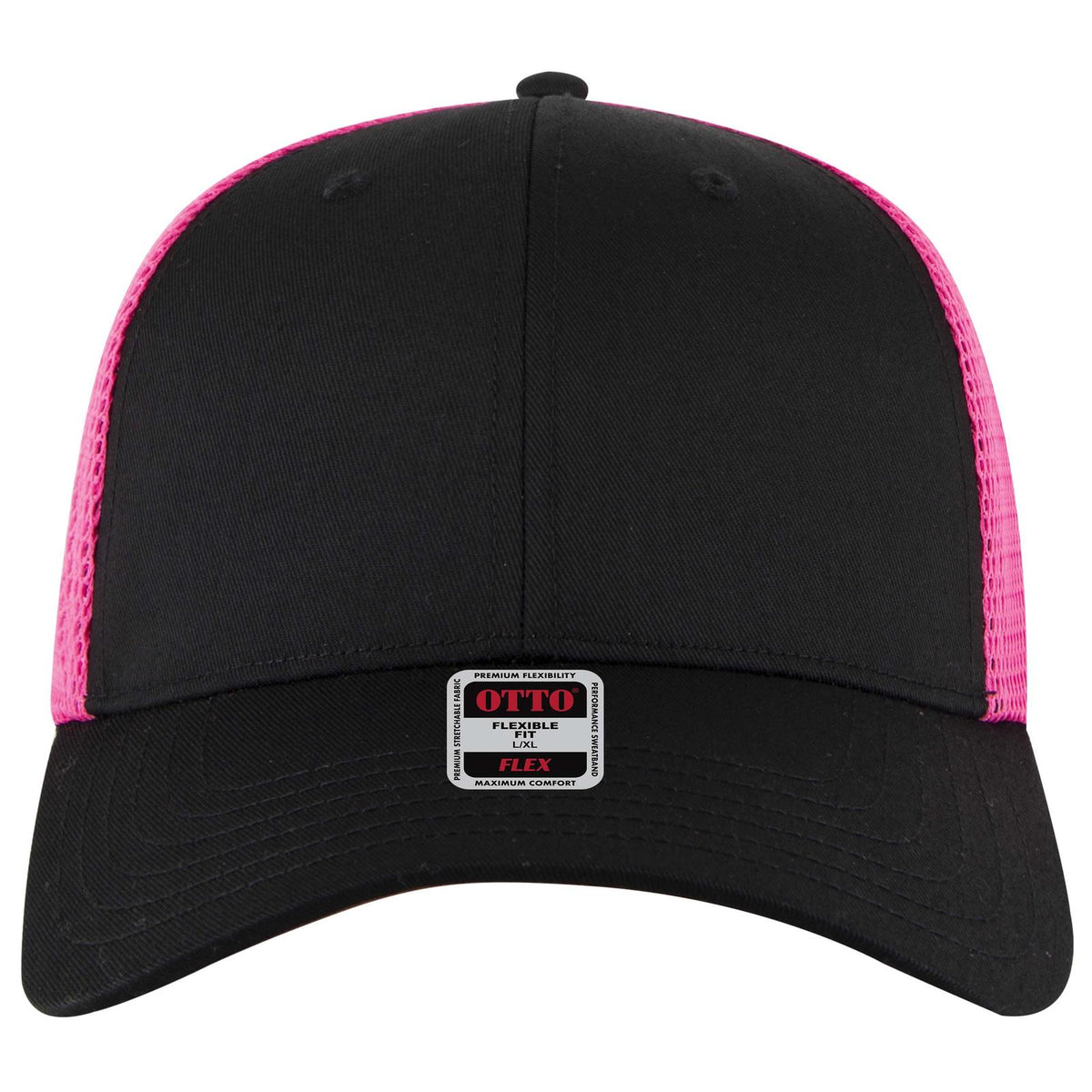 Front View of 030389 - Blk/Blk/N.Pnk OTTO CAP "OTTO FLEX" Fitted 6 Panel Low Profile Mesh Back Trucker Hat