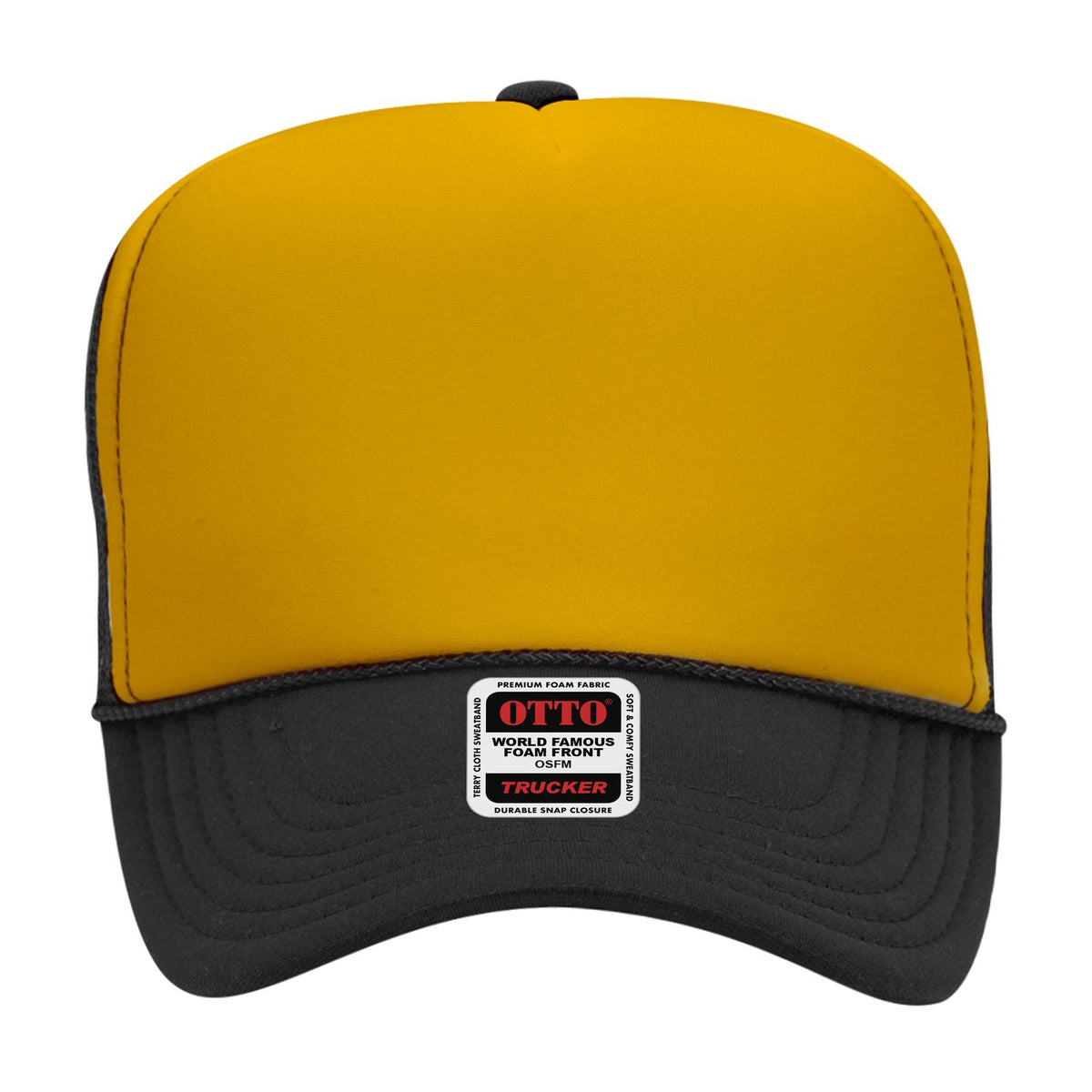 Front View of 030603 - Blk/Gld/Blk OTTO CAP 5 Panel High Crown Mesh Back Trucker Hat