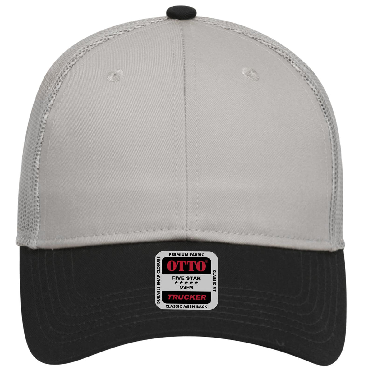 Front View of 0314 - Blk/Gry OTTO CAP 6 Panel Low Profile Mesh Back Trucker Hat