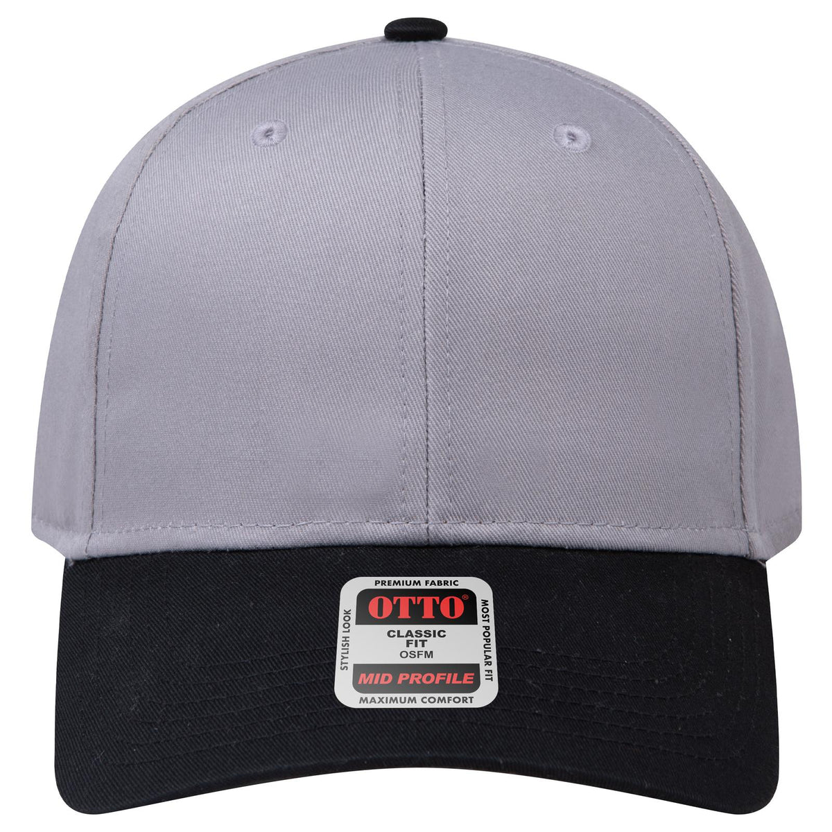 Front View of 0314 - Blk/Gry OTTO CAP 6 Panel Mid Profile Baseball Cap