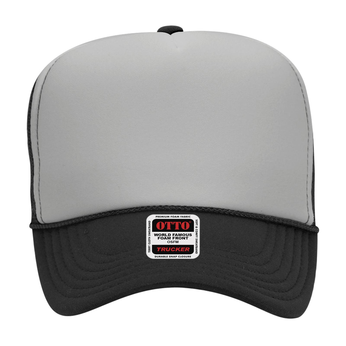Front View of 031403 - Blk/Gry/Blk OTTO CAP 5 Panel High Crown Mesh Back Trucker Hat