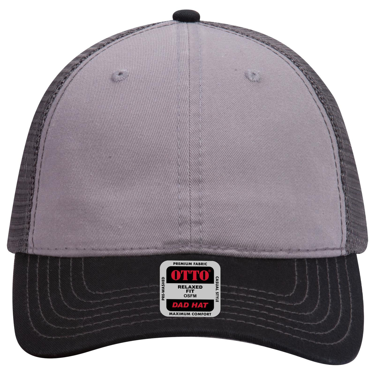Front View of 031425 - Blk/Gry/Ch.Gry OTTO CAP 6 Panel Low Profile Mesh Back Trucker Dad Hat