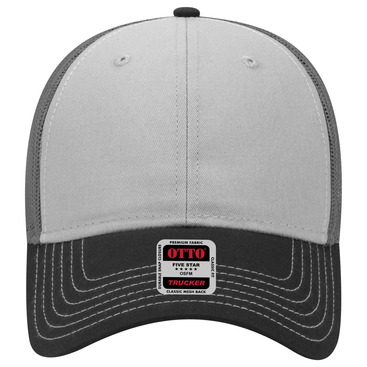 Front View of 031425 - Blk/Gry/Ch.Gry OTTO CAP 6 Panel Low Profile Mesh Back Trucker Hat
