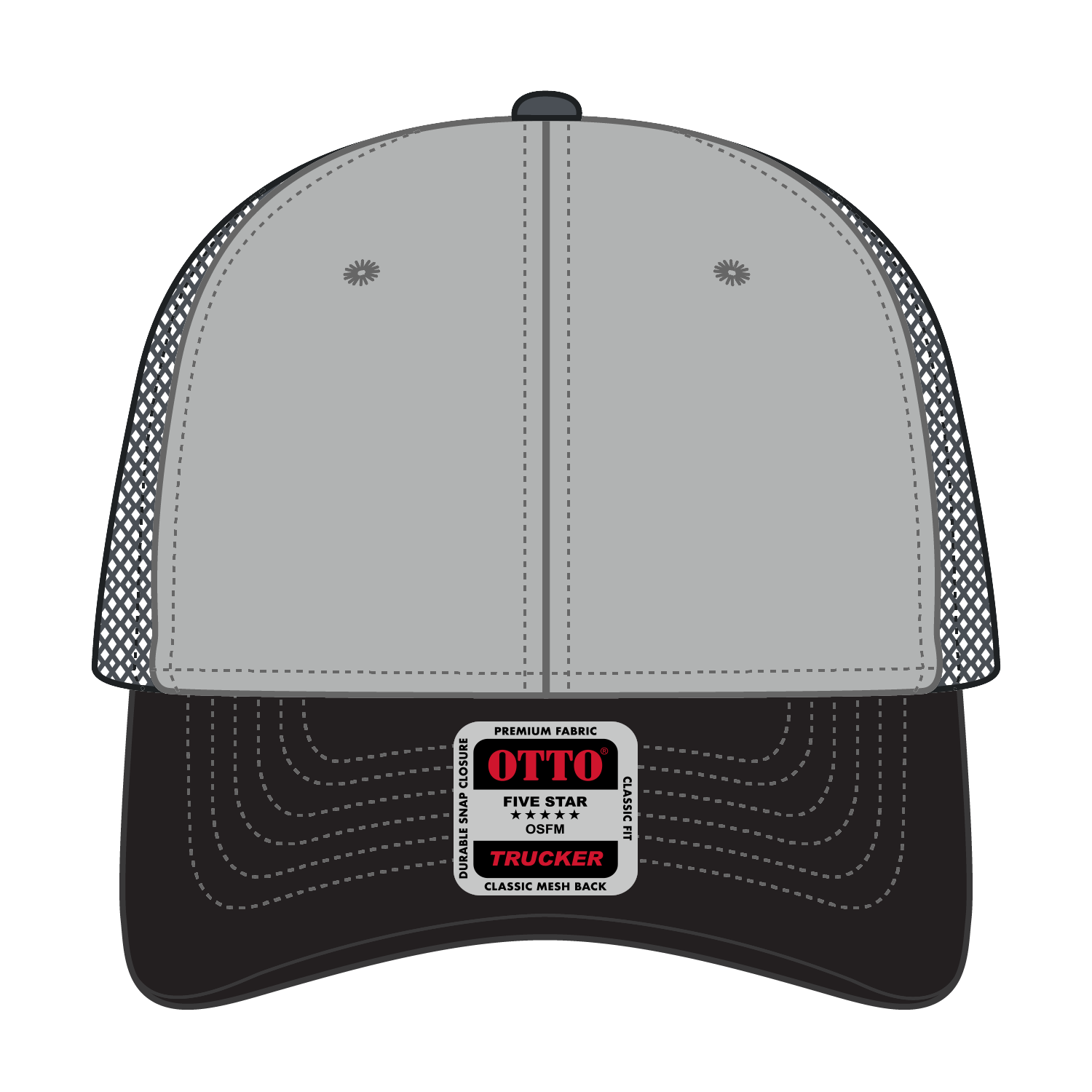 Front View of 031425 - Blk/Gry/Ch.Gry OTTO CAP 6 Panel Low Profile Mesh Back Trucker Hat