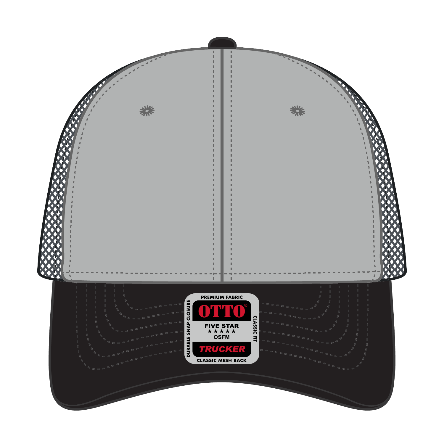 Front View of 031425 - Blk/Gry/Ch.Gry OTTO CAP 6 Panel Low Profile Mesh Back Trucker Hat
