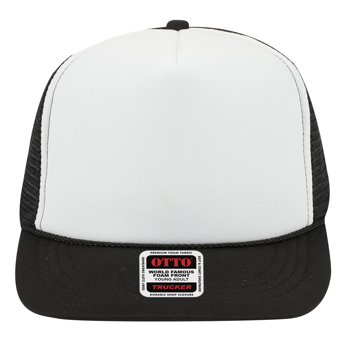 Front View of 031603 - Blk/Wht/Blk OTTO CAP 5 Panel High Crown Mesh Back Trucker Hat