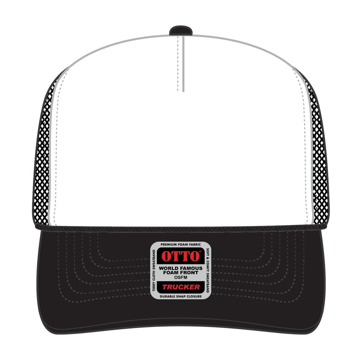 Front View of 031603 - Blk/Wht/Blk OTTO CAP 5 Panel High Crown Mesh Back Trucker Hat
