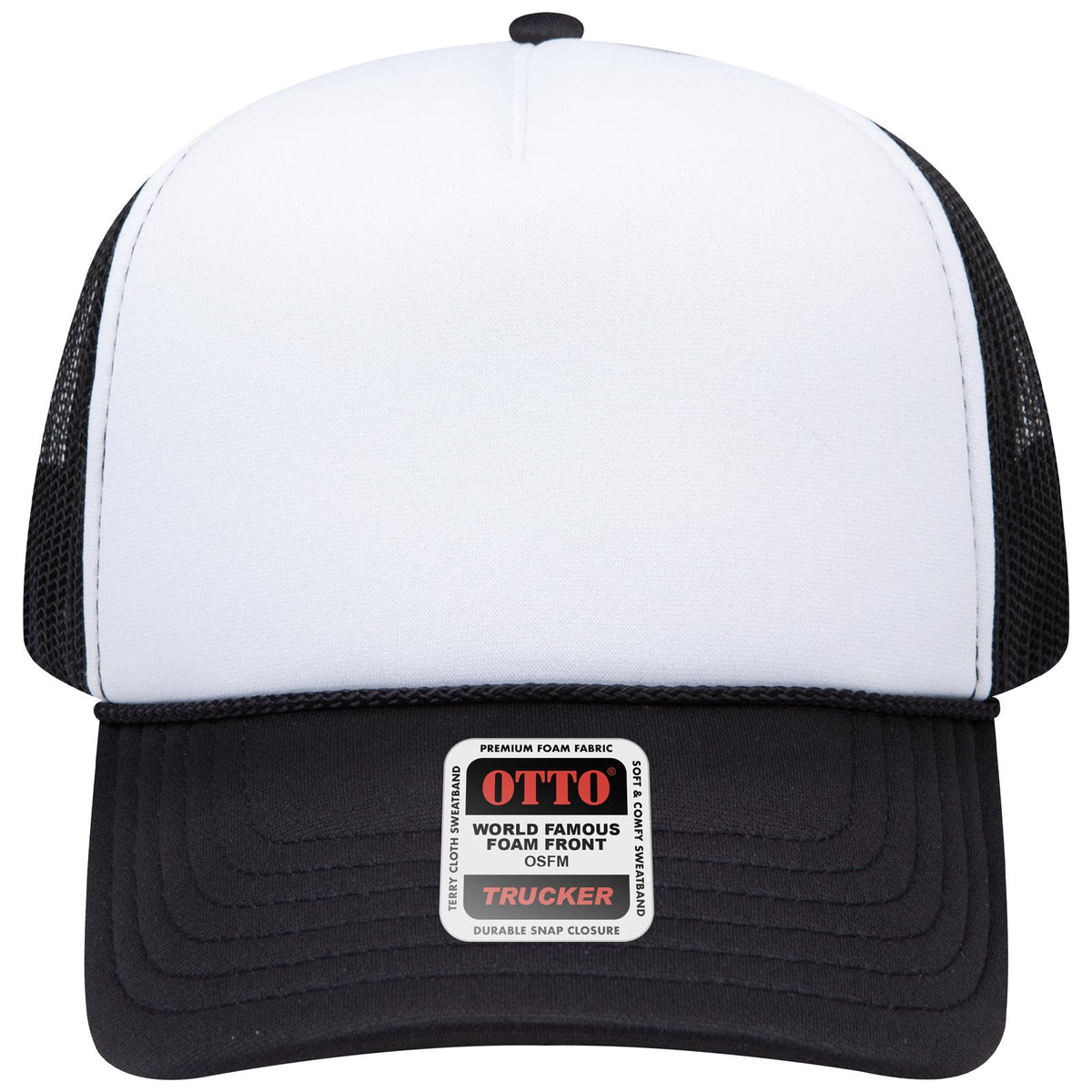 Front View of 031603 - Blk/Wht/Blk OTTO CAP 5 Panel Low Profile Mesh Back Trucker Hat