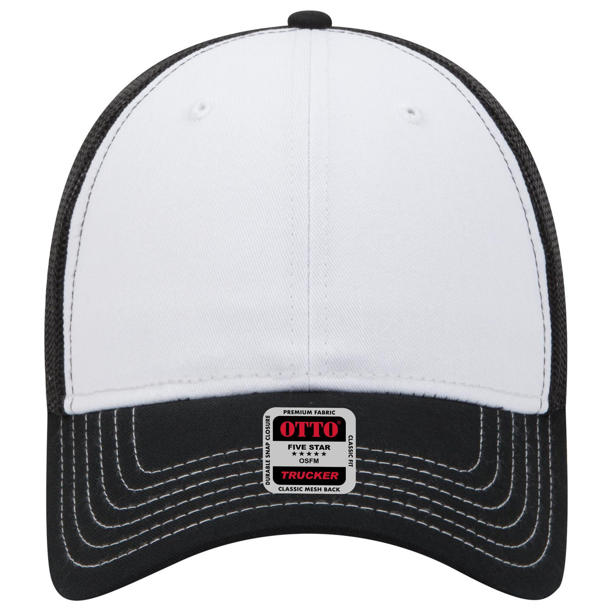 Front View of 031603 - Blk/Wht/Blk OTTO CAP 6 Panel Low Profile Mesh Back Trucker Hat