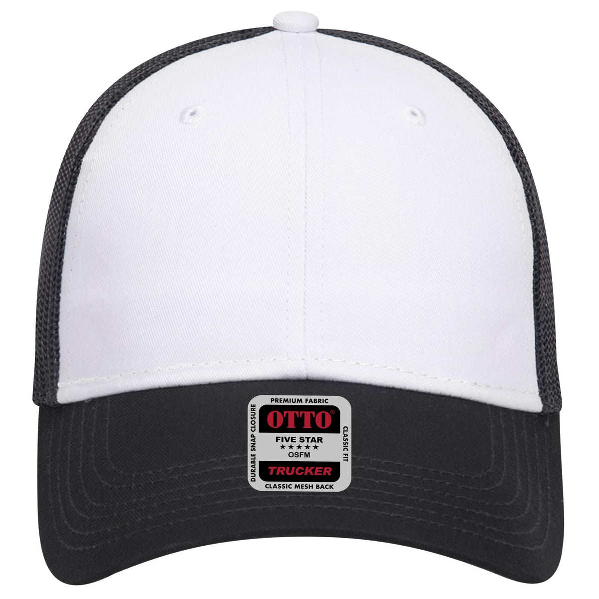 Front View of 031603 - Blk/Wht/Blk OTTO CAP 6 Panel Low Profile Mesh Back Trucker Hat