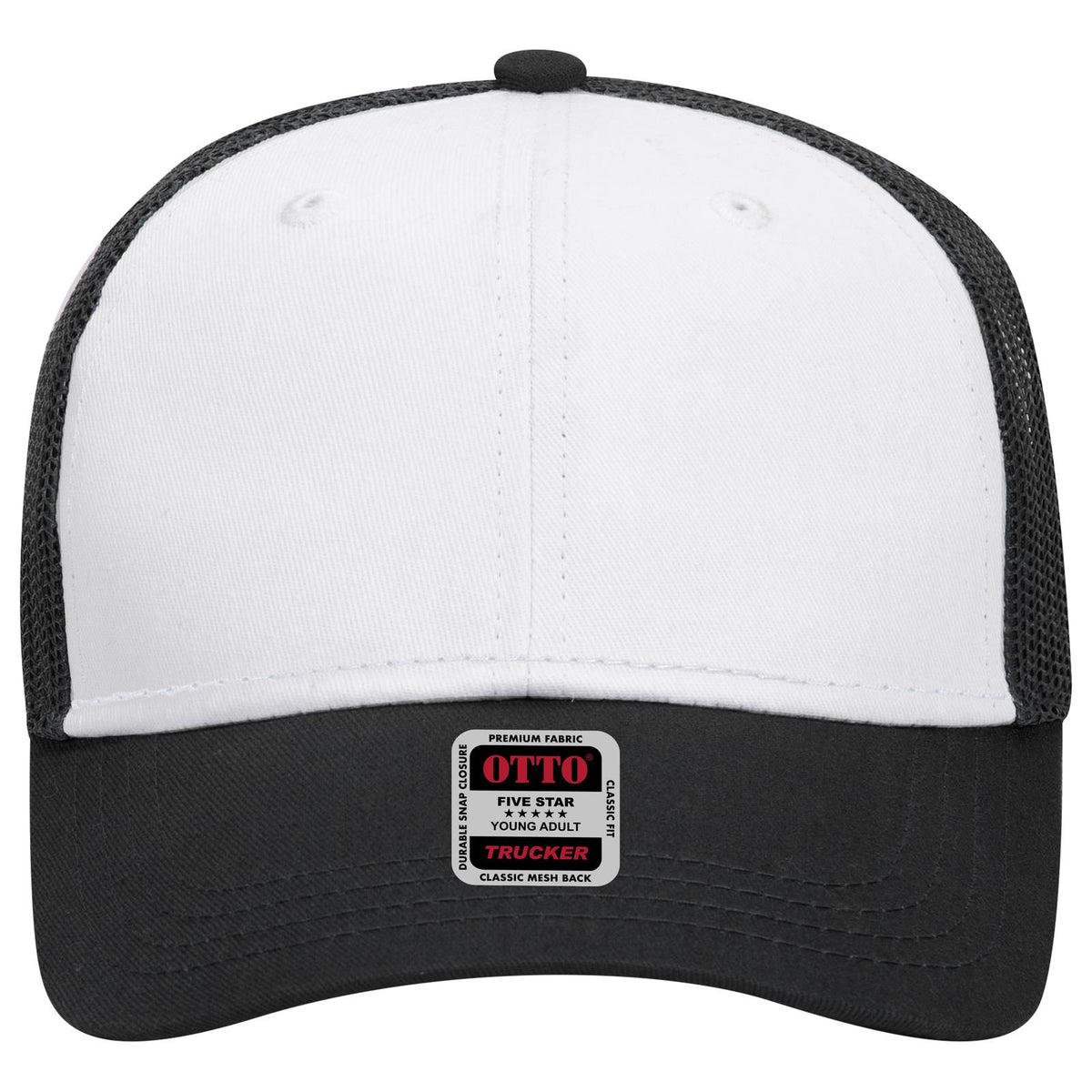 Front View of 031603 - Blk/Wht/Blk OTTO CAP 6 Panel Low Profile Mesh Back Trucker Hat