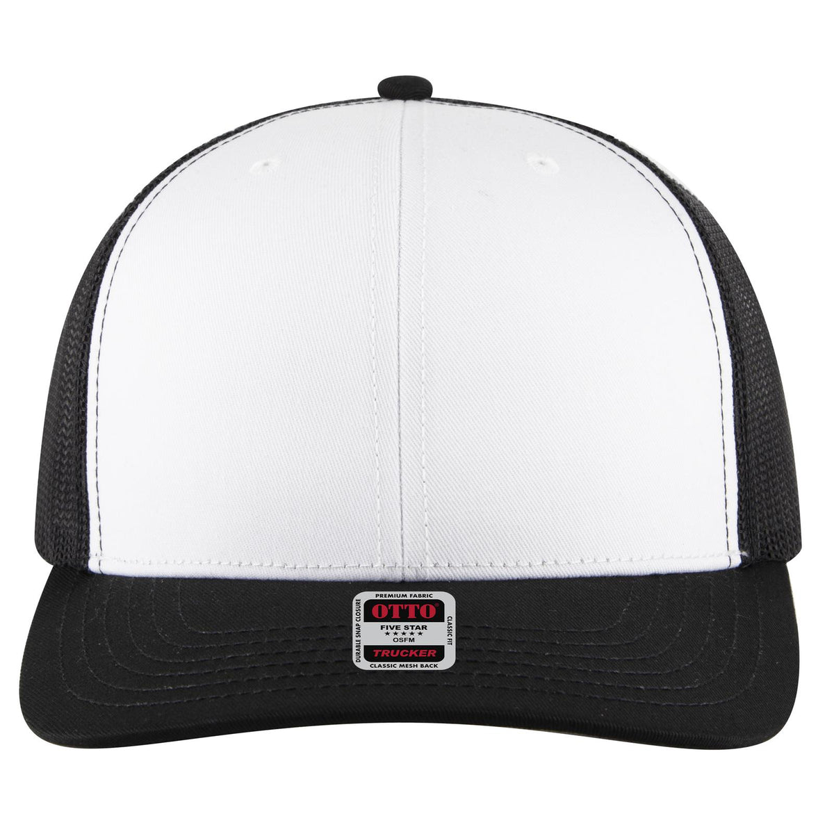 Front View of 031603 - Blk/Wht/Blk OTTO CAP 6 Panel Mid Profile Mesh Back Trucker Hat