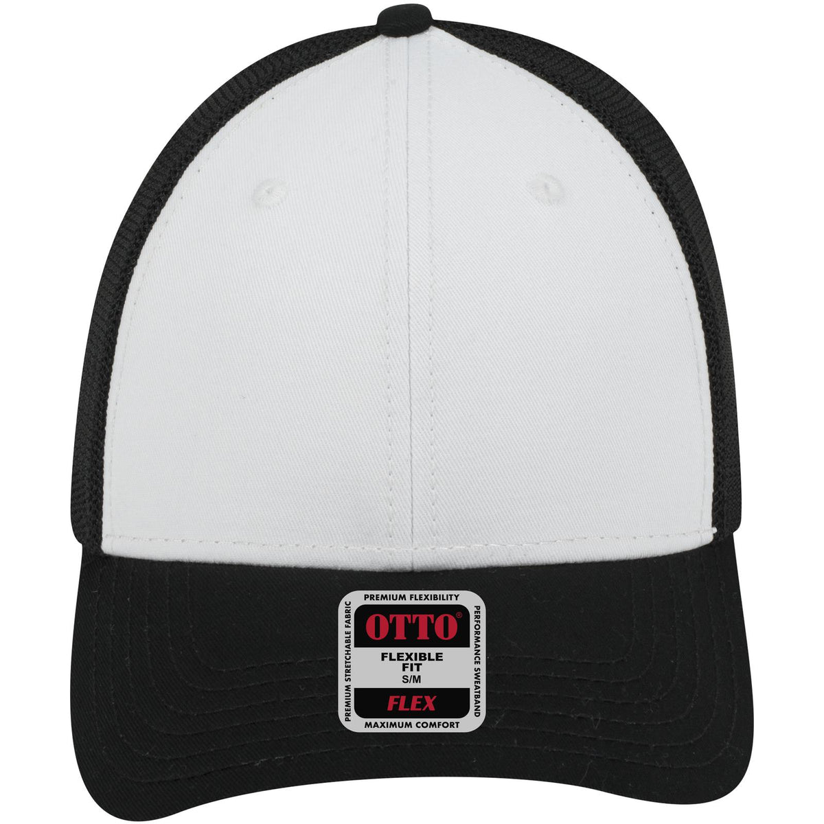 Front View of 031603 - Blk/Wht/Blk OTTO CAP "OTTO FLEX" Fitted 6 Panel Low Profile Mesh Back Trucker Hat
