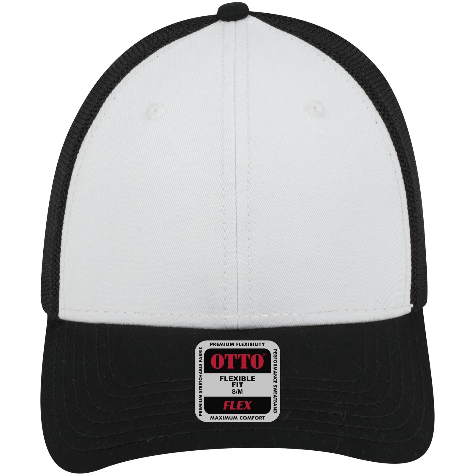 Front View of 031603 - Blk/Wht/Blk OTTO CAP "OTTO FLEX" Fitted 6 Panel Low Profile Mesh Back Trucker Hat
