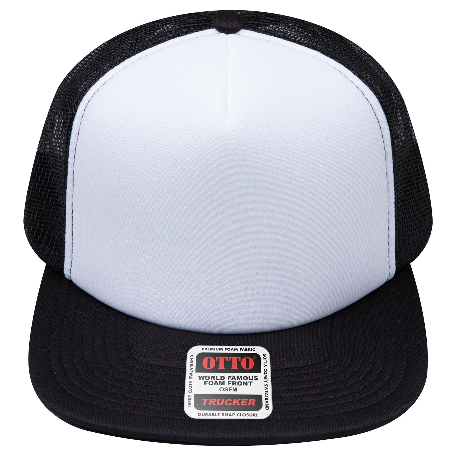 Front View of 031603 - Blk/Wht/Blk OTTO CAP "OTTO SNAP" 5 Panel High Crown Mesh Back Trucker Snapback Hat