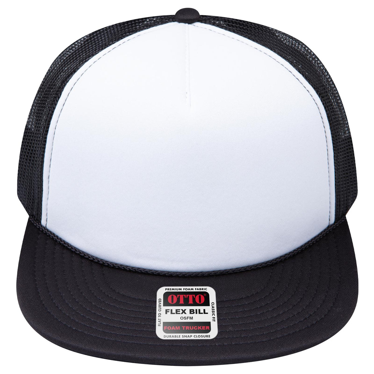 Front View of 031603 - Blk/Wht/Blk OTTO CAP "OTTO SNAP" 5 Panel Pro Style Mesh Back Trucker Snapback Hat