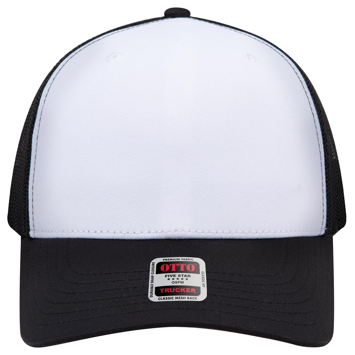 Front View of 031603 - Blk/Wht/Blk OTTO CAP Seamless 6 Panel Mid Profile Mesh Back Trucker Hat