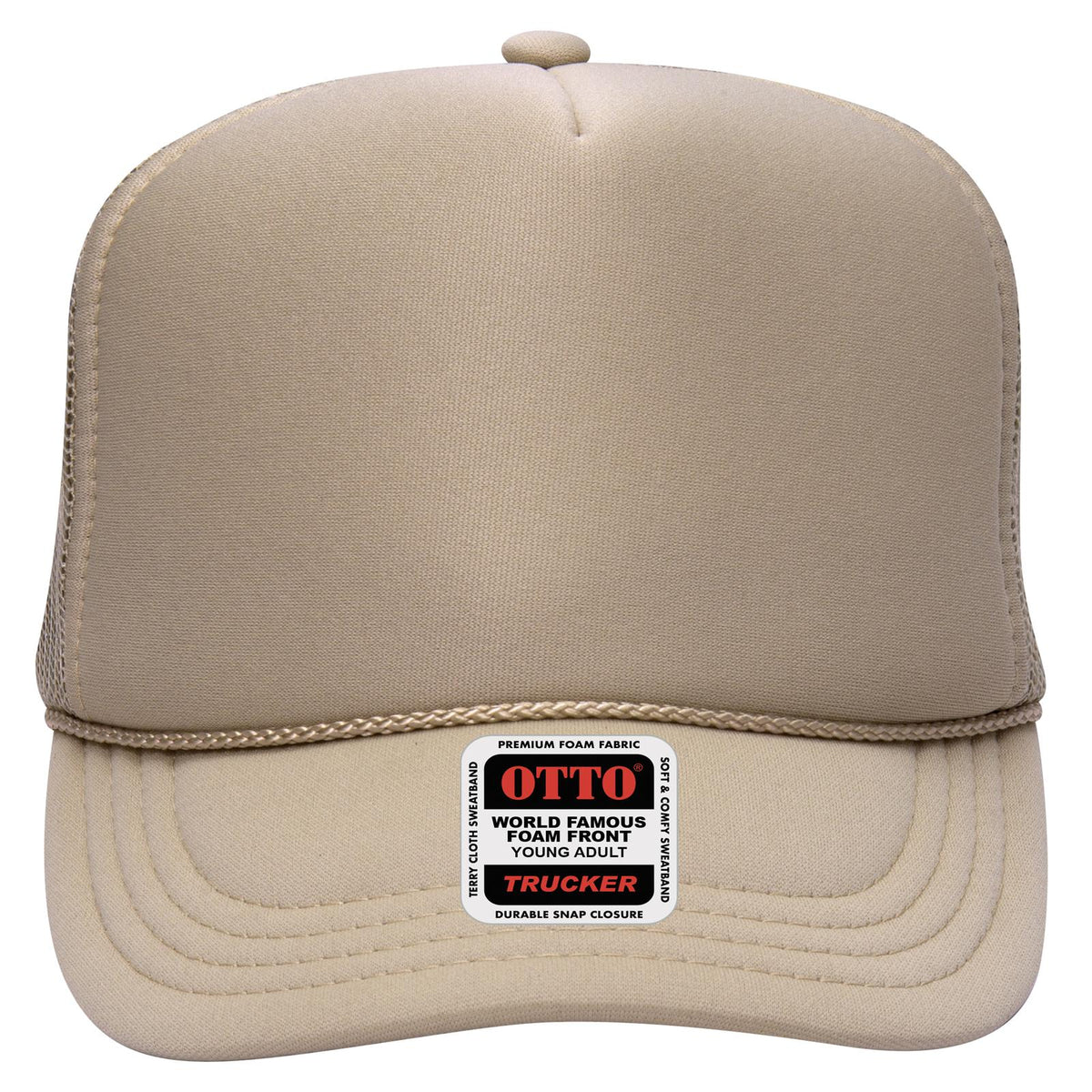 Front View of 032 - Khaki OTTO CAP 5 Panel High Crown Mesh Back Trucker Hat