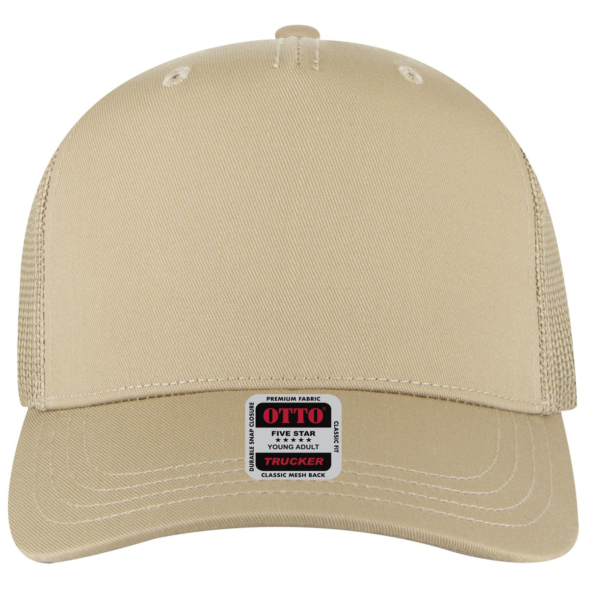 Front View of 032 - Khaki OTTO CAP 5 Panel Mid Profile Mesh Back Trucker Hat
