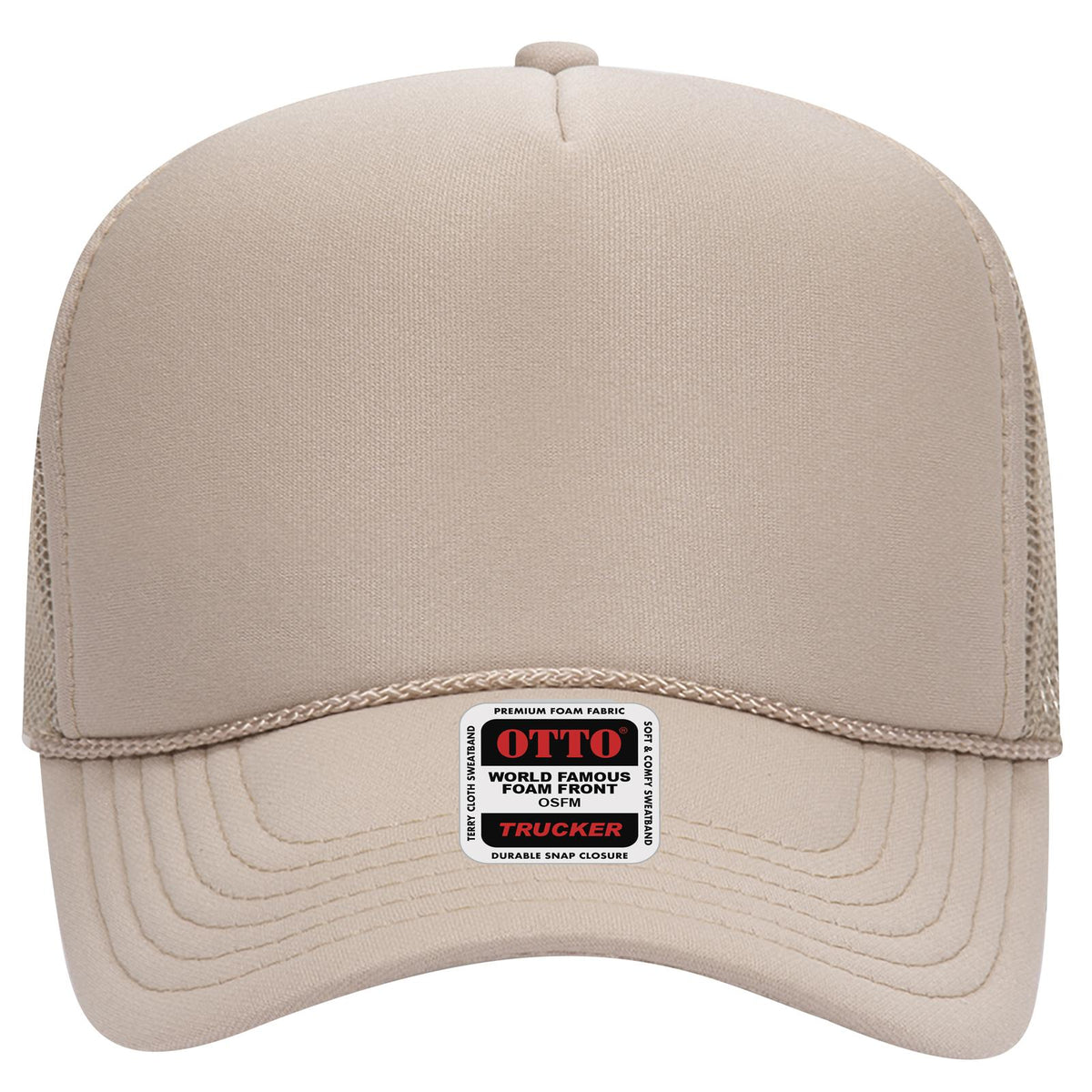 Front View of 032 - Khaki OTTO CAP 5 Panel Mid Profile Mesh Back Trucker Hat