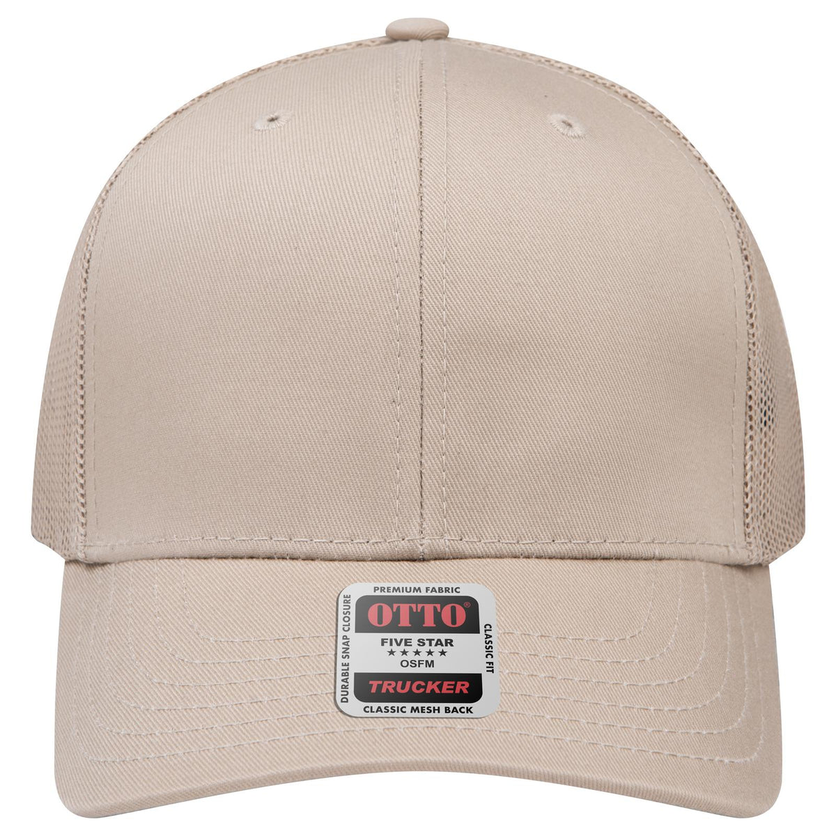Front View of 032 - Khaki OTTO CAP 6 Panel Mid Profile Mesh Back Trucker Hat