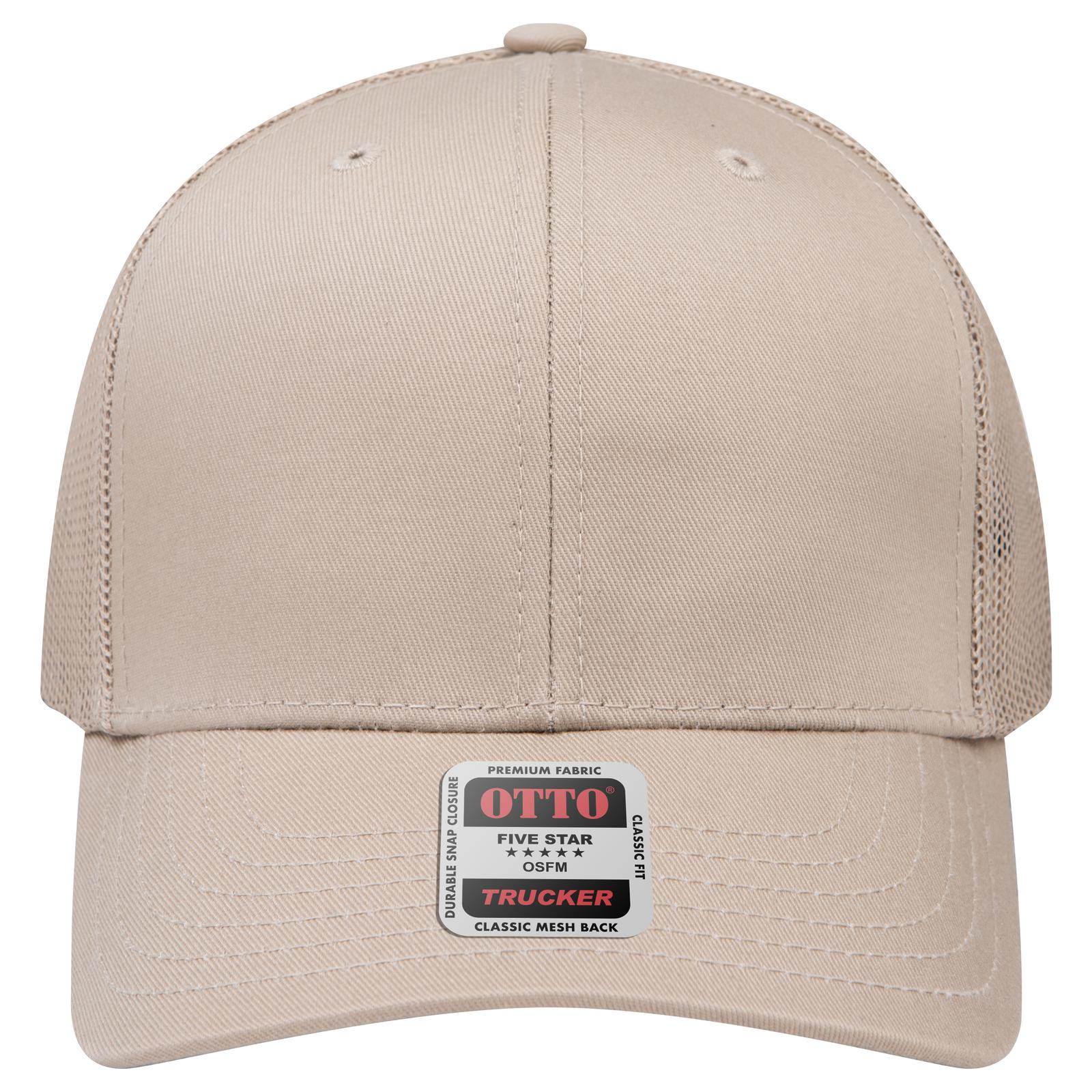 Front View of 032 - Khaki OTTO CAP 6 Panel Mid Profile Mesh Back Trucker Hat