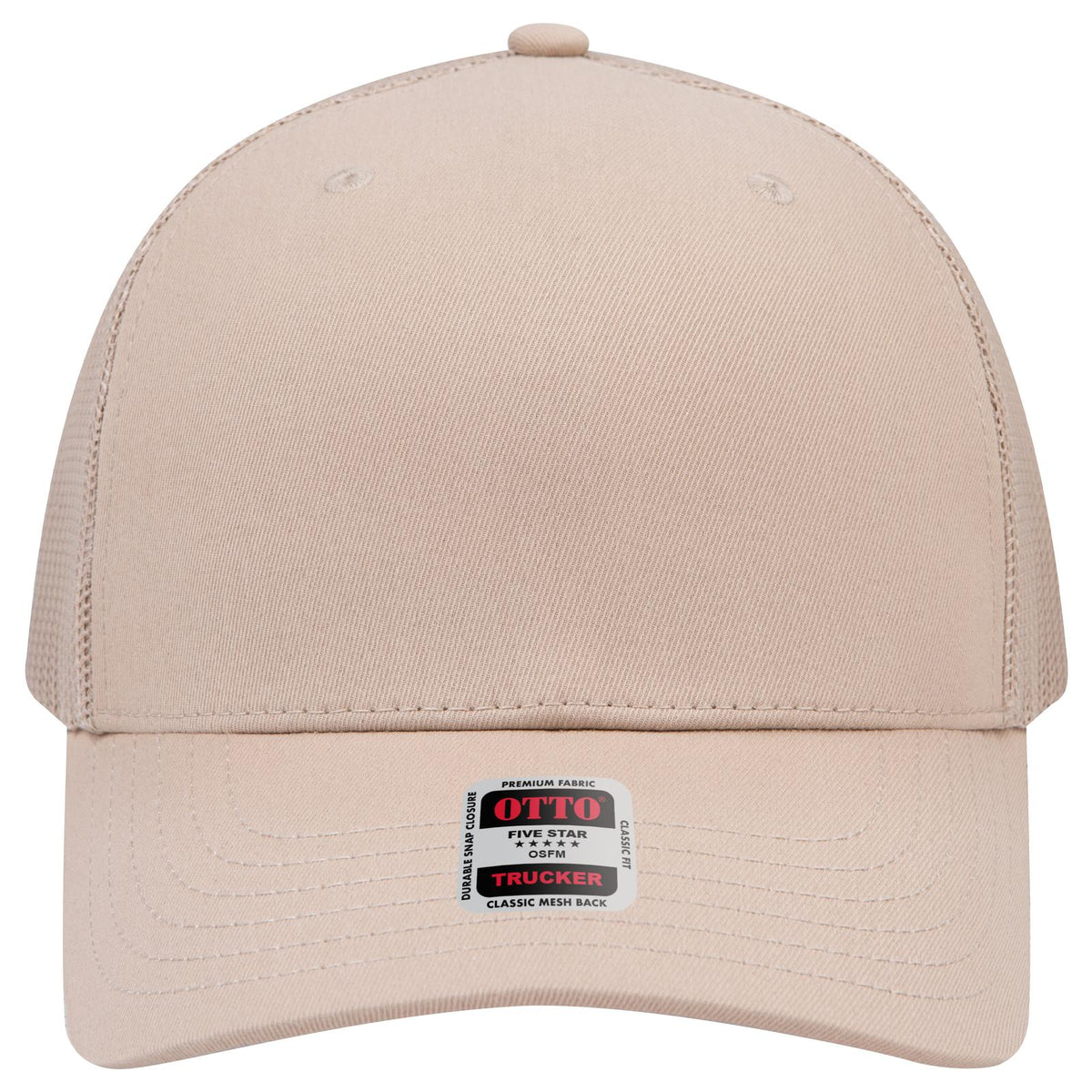 Front View of 032 - Khaki OTTO CAP Seamless 6 Panel Mid Profile Mesh Back Trucker Hat