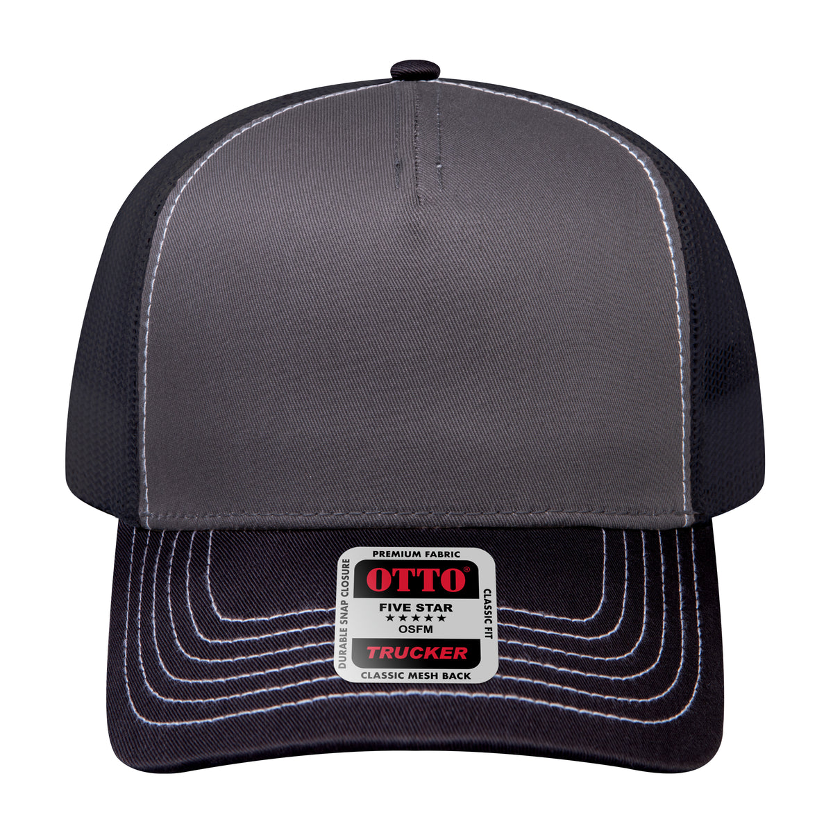 Front View of 032503 - Blk/Ch.Gry/Blk OTTO CAP 5 Panel Low Profile Mesh Back Trucker Hat