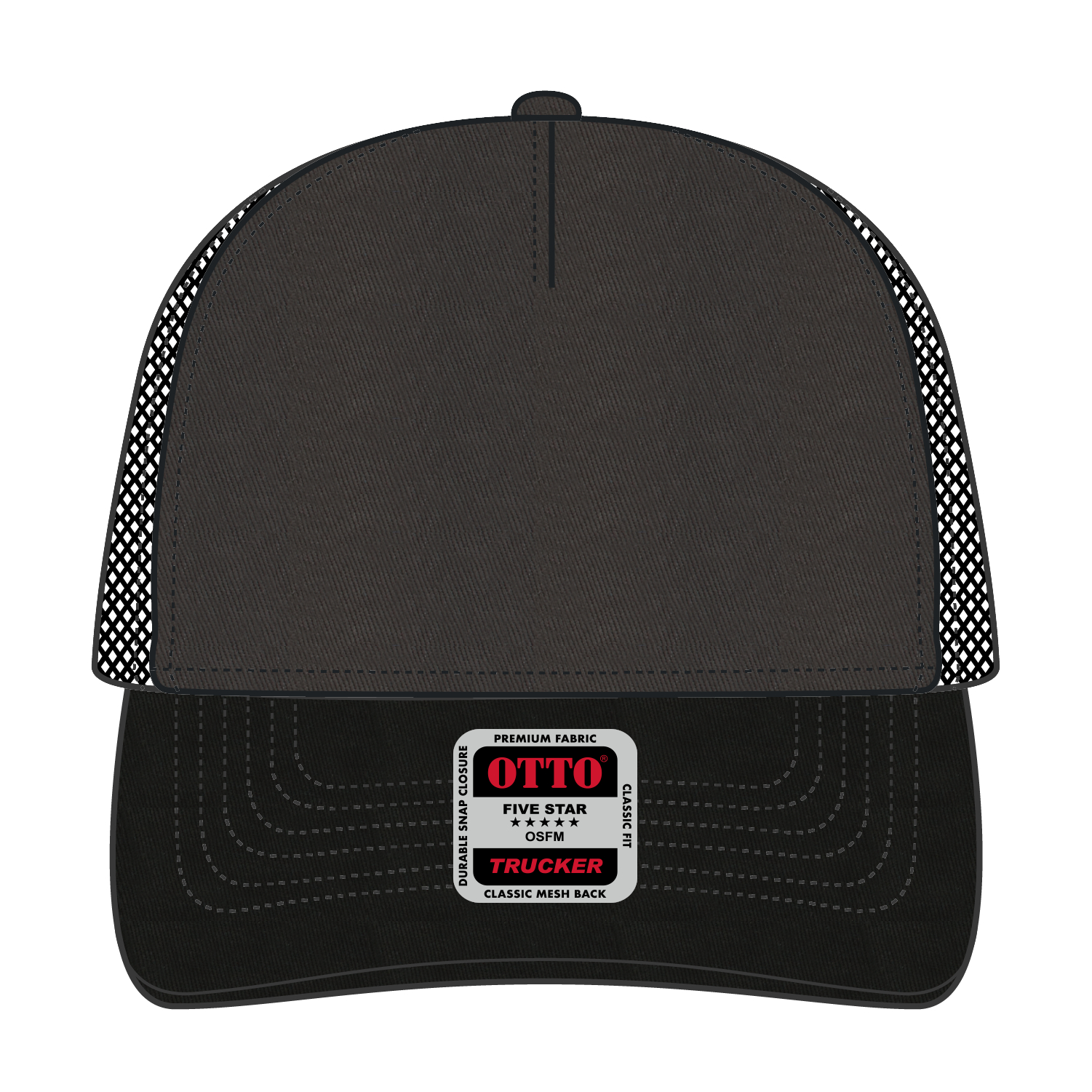Front View of 032503 - Blk/Ch.Gry/Blk OTTO CAP 5 Panel Low Profile Mesh Back Trucker Hat