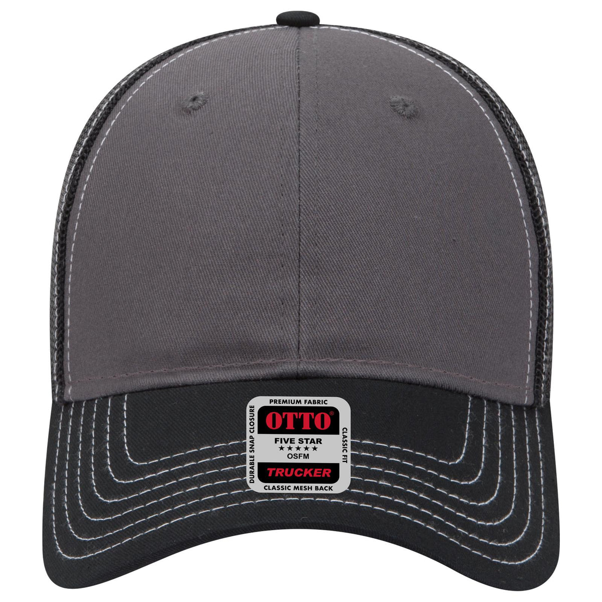 Front View of 032503 - Blk/Ch.Gry/Blk OTTO CAP 6 Panel Low Profile Mesh Back Trucker Hat