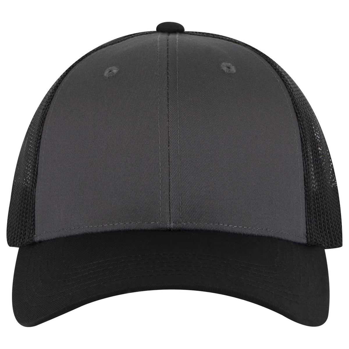 Front View of 032503 - Blk/Ch.Gry/Blk OTTO CAP 6 Panel Low Profile Mesh Back Trucker Hat
