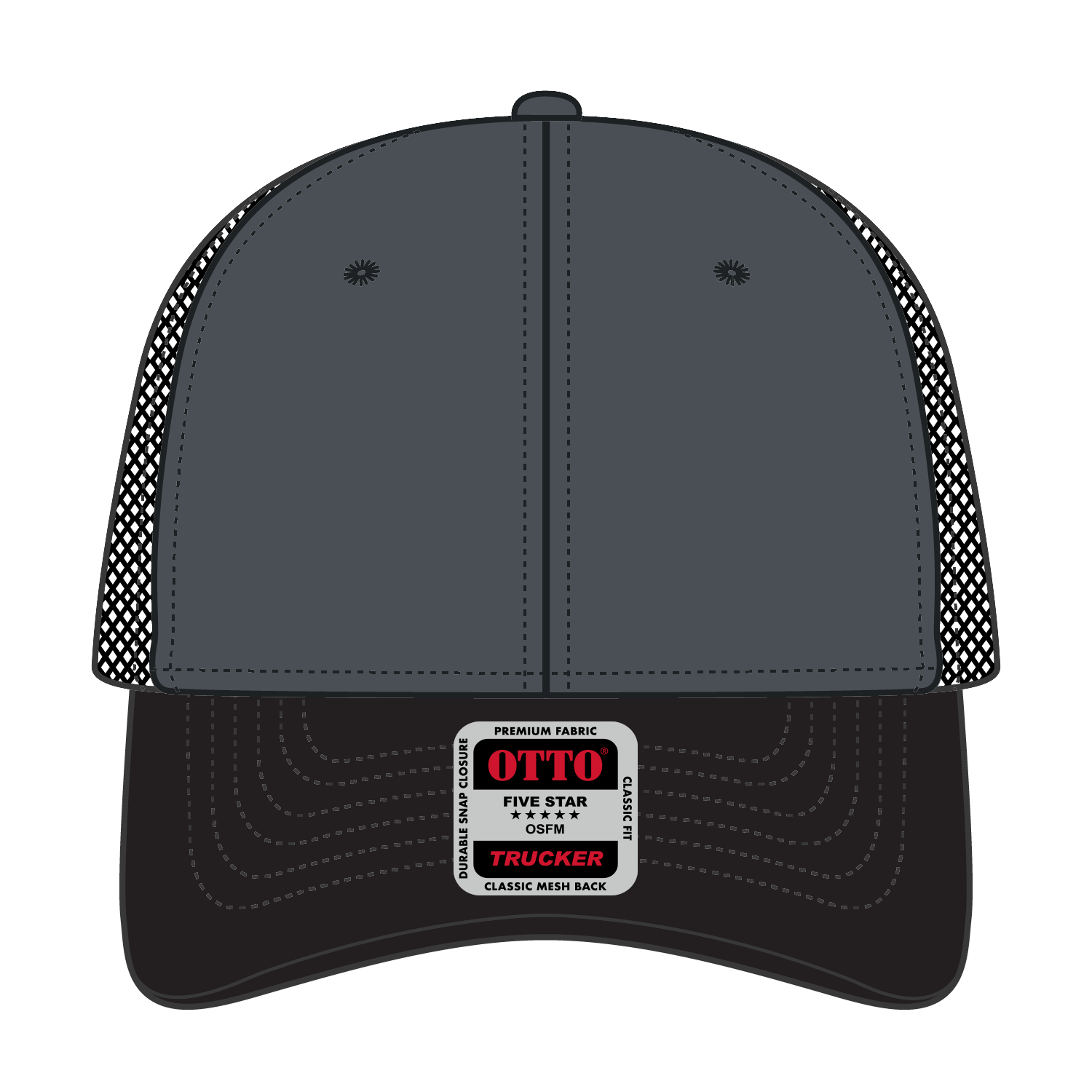 Front View of 032503 - Blk/Ch.Gry/Blk OTTO CAP 6 Panel Low Profile Mesh Back Trucker Hat