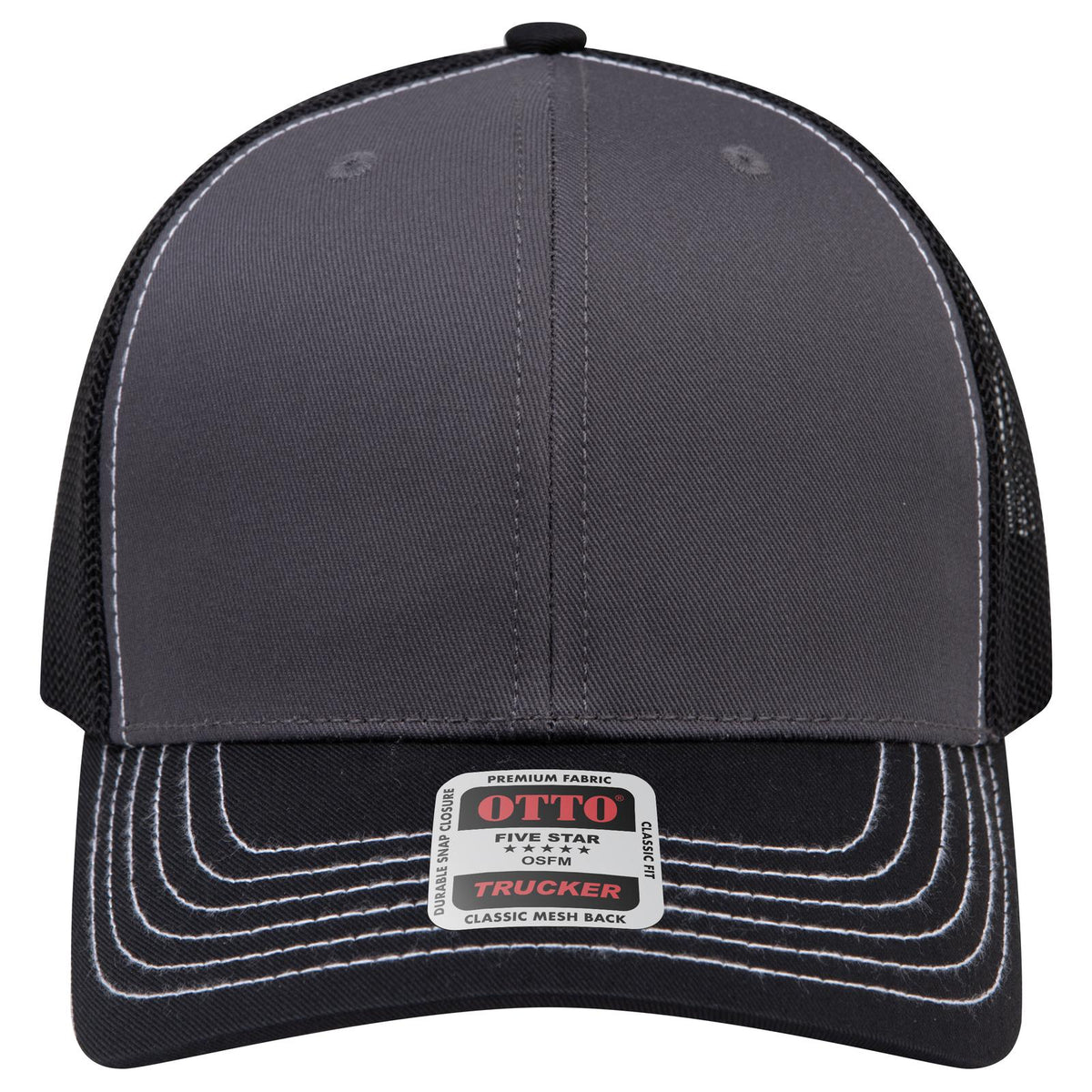 Front View of 032503 - Blk/Ch.Gry/Blk OTTO CAP 6 Panel Mid Profile Mesh Back Trucker Hat