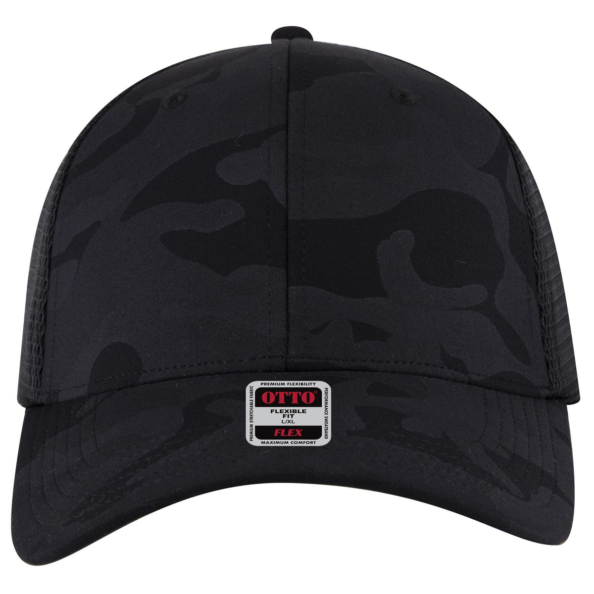 Front View of 032503 - Blk/Ch.Gry/Blk OTTO CAP "OTTO FLEX" Fitted 6 Panel Low Profile Mesh Back Trucker Hat