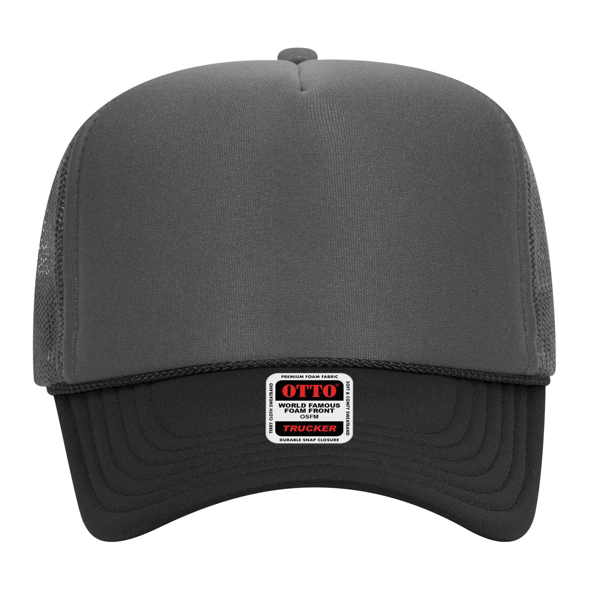 Front View of 032525 - Blk/Ch.Gry/Ch.Gry OTTO CAP 5 Panel High Crown Mesh Back Trucker Hat