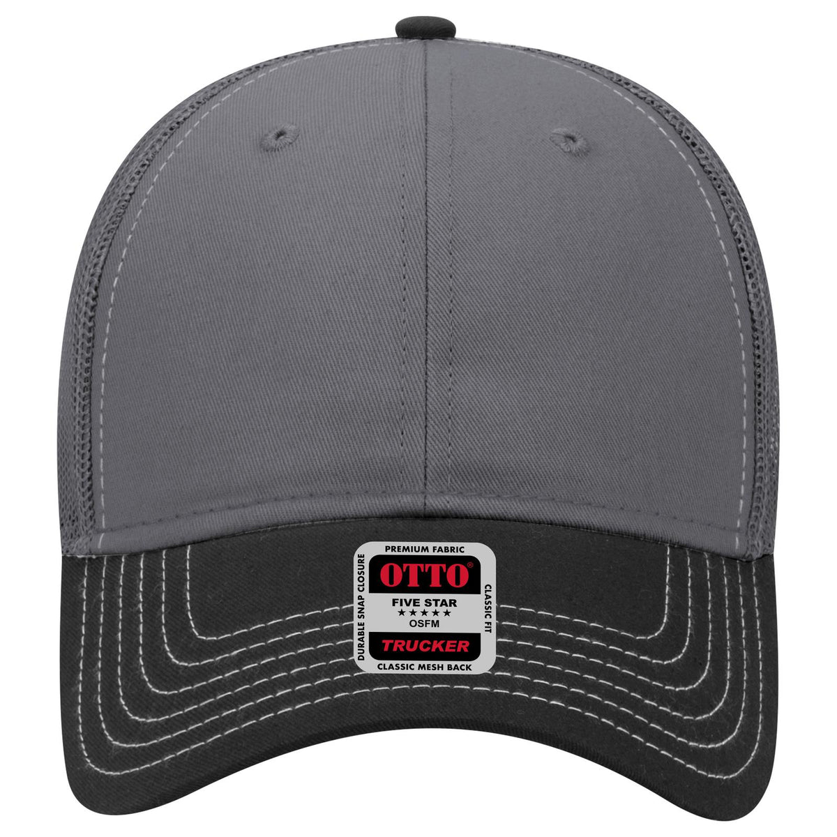 Front View of 032525 - Blk/Ch.Gry/Ch.Gry OTTO CAP 6 Panel Low Profile Mesh Back Trucker Hat
