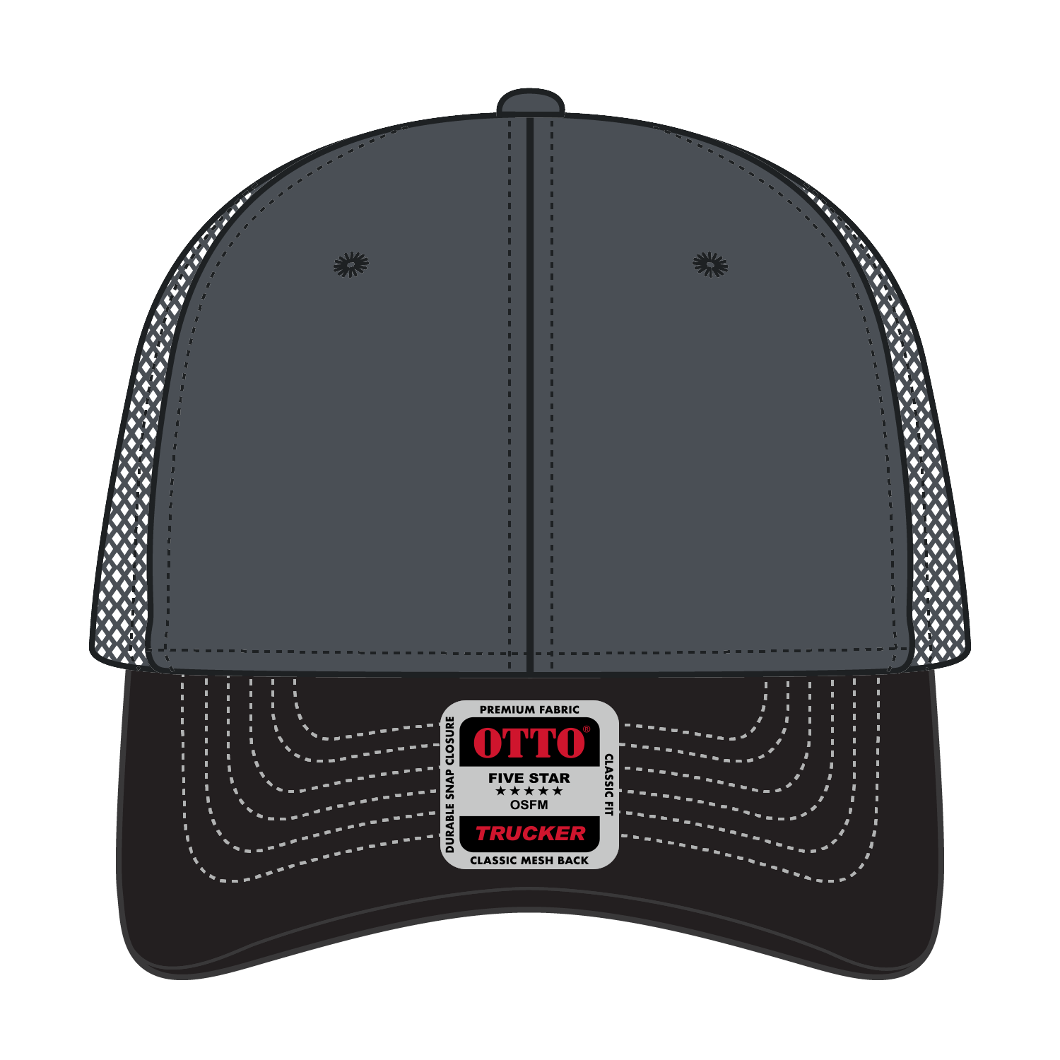 Front View of 032525 - Blk/Ch.Gry/Ch.Gry OTTO CAP 6 Panel Low Profile Mesh Back Trucker Hat