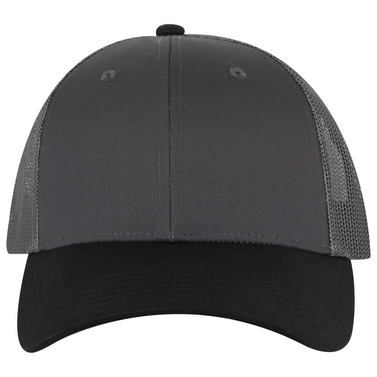 Front View of 032525 - Blk/Ch.Gry/Ch.Gry OTTO CAP 6 Panel Low Profile Mesh Back Trucker Hat