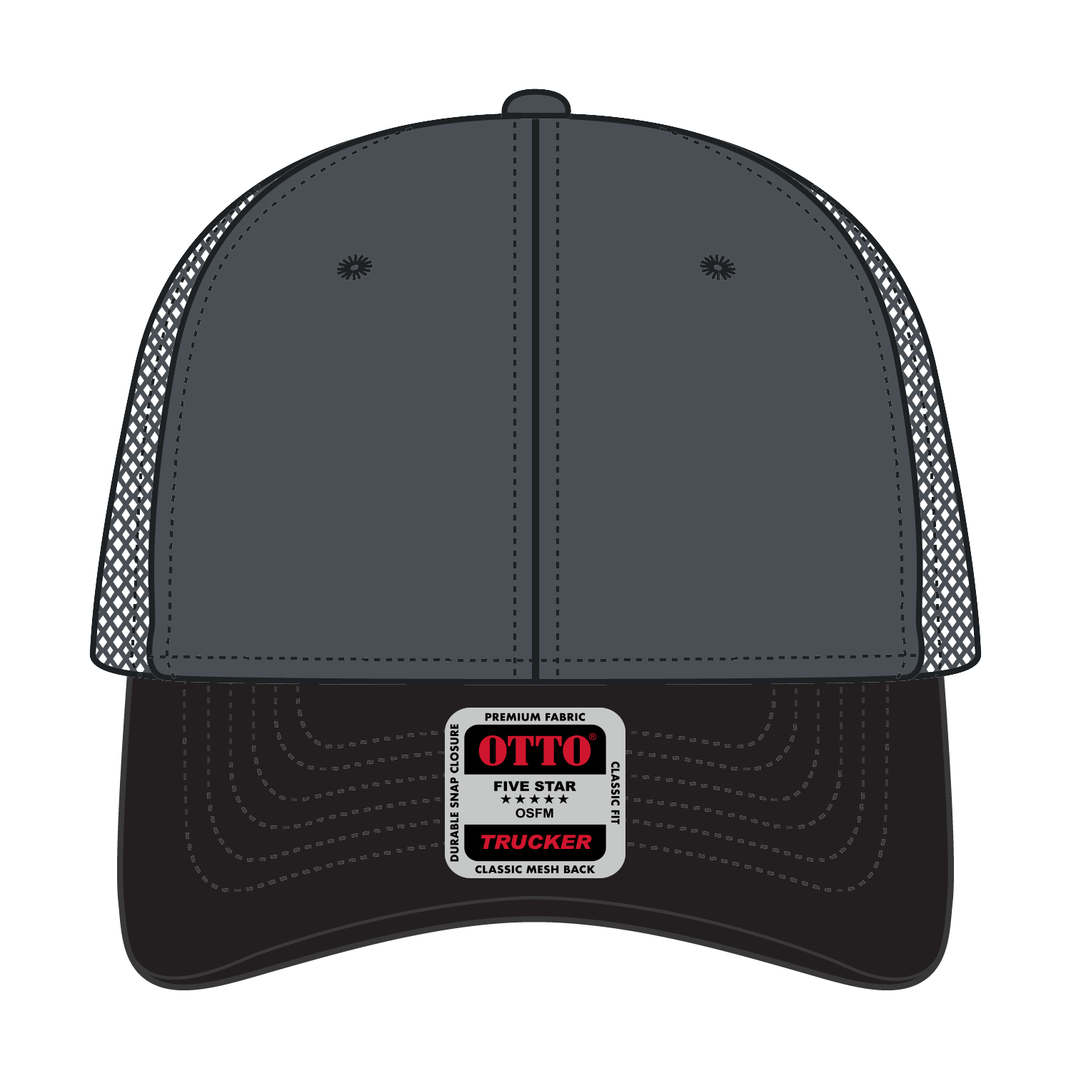 Front View of 032525 - Blk/Ch.Gry/Ch.Gry OTTO CAP 6 Panel Low Profile Mesh Back Trucker Hat