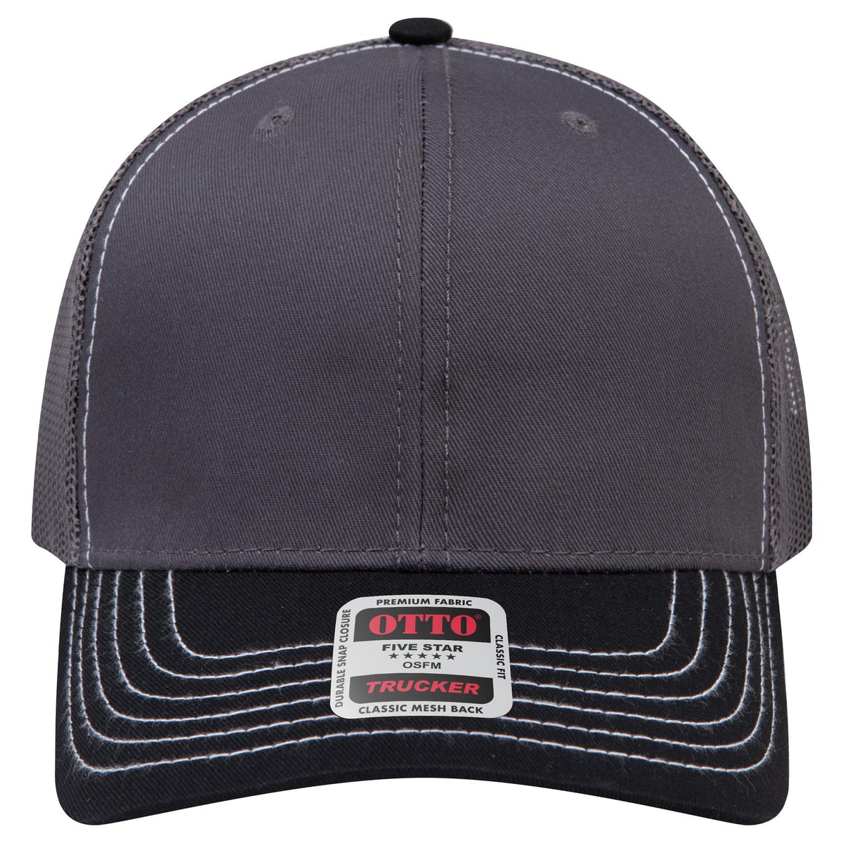 Front View of 032525 - Blk/Ch.Gry/Ch.Gry OTTO CAP 6 Panel Mid Profile Mesh Back Trucker Hat