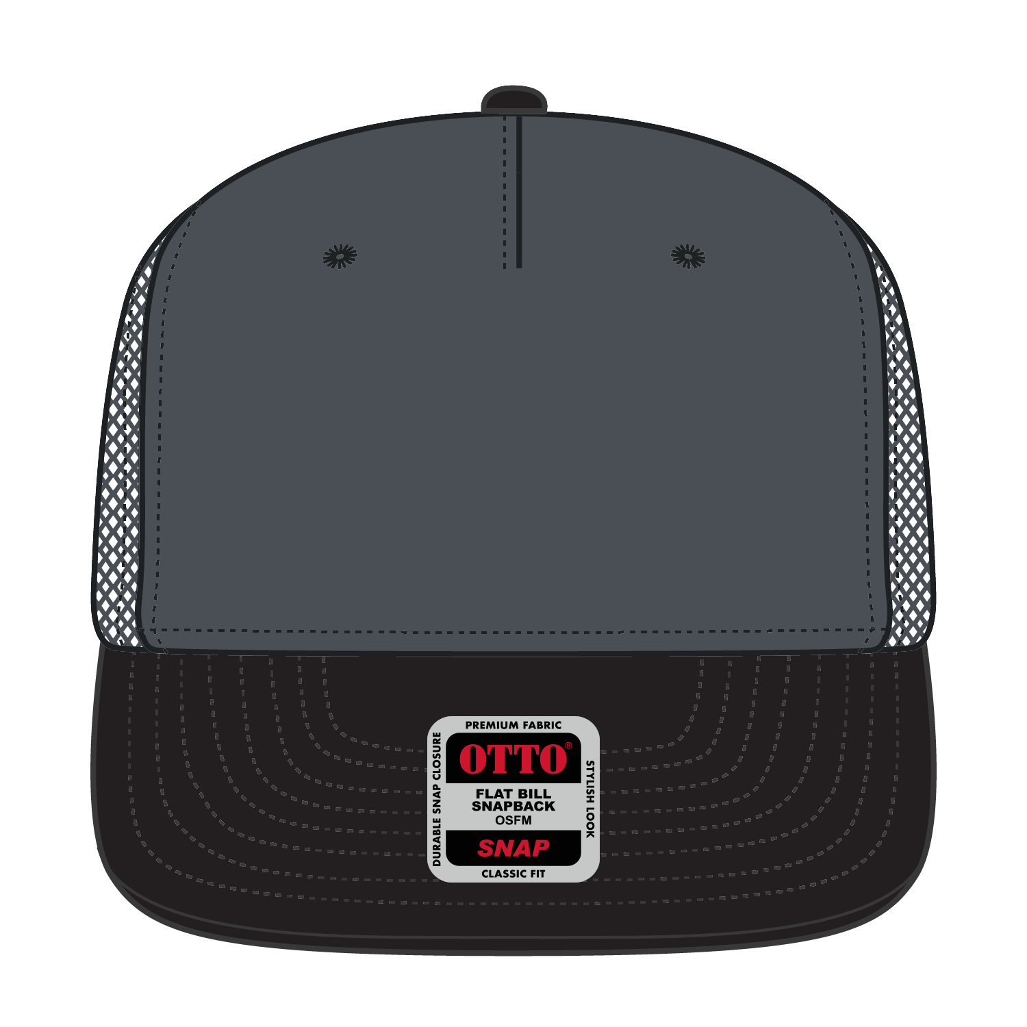Front View of 032525 - Blk/Ch.Gry/Ch.Gry OTTO CAP "OTTO SNAP" 5 Panel Pro Style Mesh Back Trucker Snapback Hat