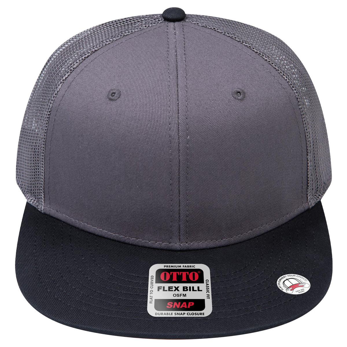 Front View of 032525 - Blk/Ch.Gry/Ch.Gry OTTO CAP "OTTO SNAP" 6 Panel Pro Style Mesh Back Trucker Snapback Hat