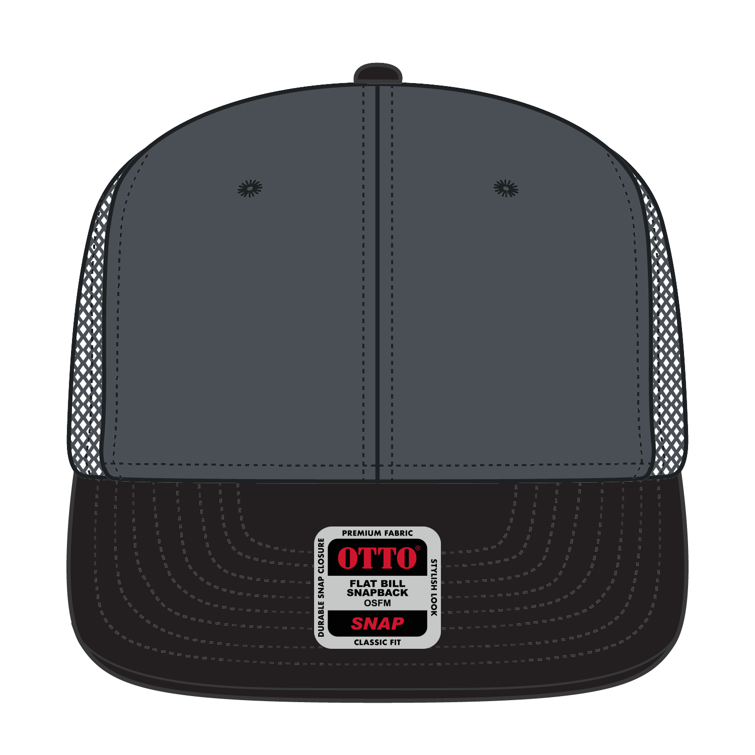 Front View of 032525 - Blk/Ch.Gry/Ch.Gry OTTO CAP "OTTO SNAP" 6 Panel Pro Style Mesh Back Trucker Snapback Hat