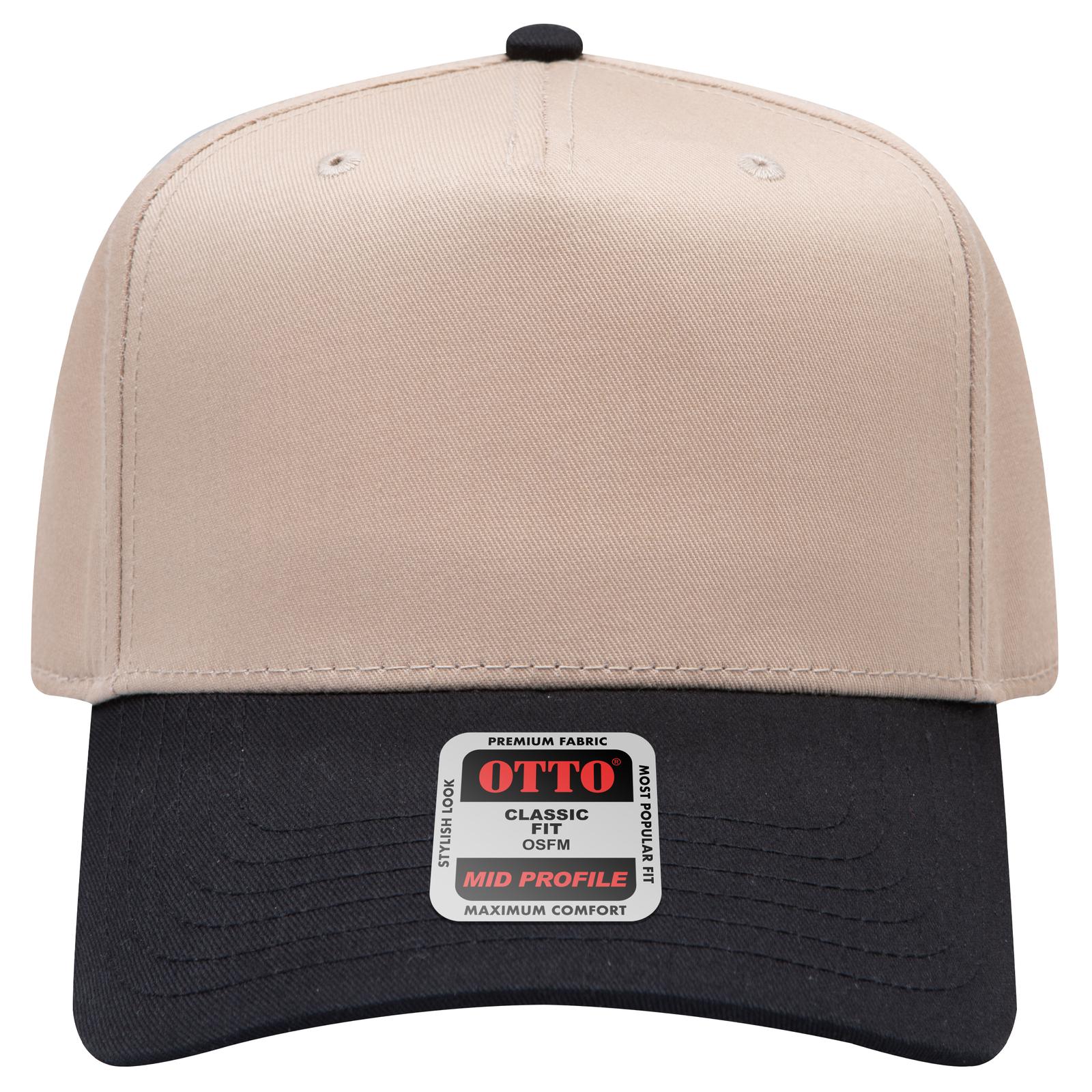 Front View of 0332 - Blk/Kha OTTO CAP 5 Panel Mid Profile Baseball Cap