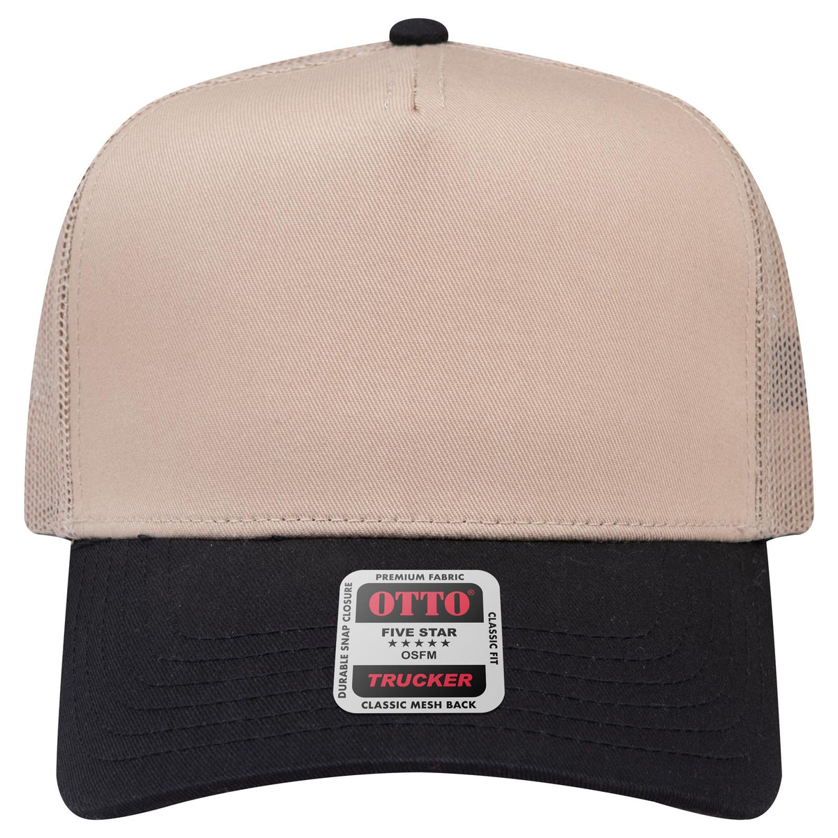 Front View of 0332 - Blk/Kha OTTO CAP 5 Panel Mid Profile Mesh Back Trucker Hat