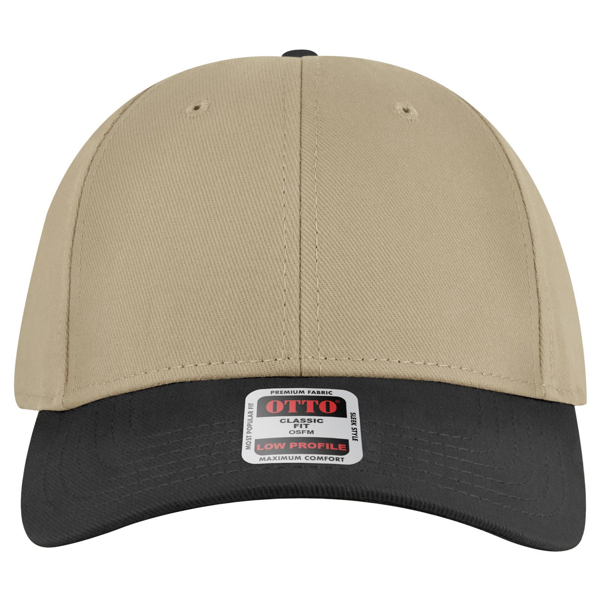 Front View of 0332 - Blk/Kha OTTO CAP 6 Panel Low Profile Baseball Cap