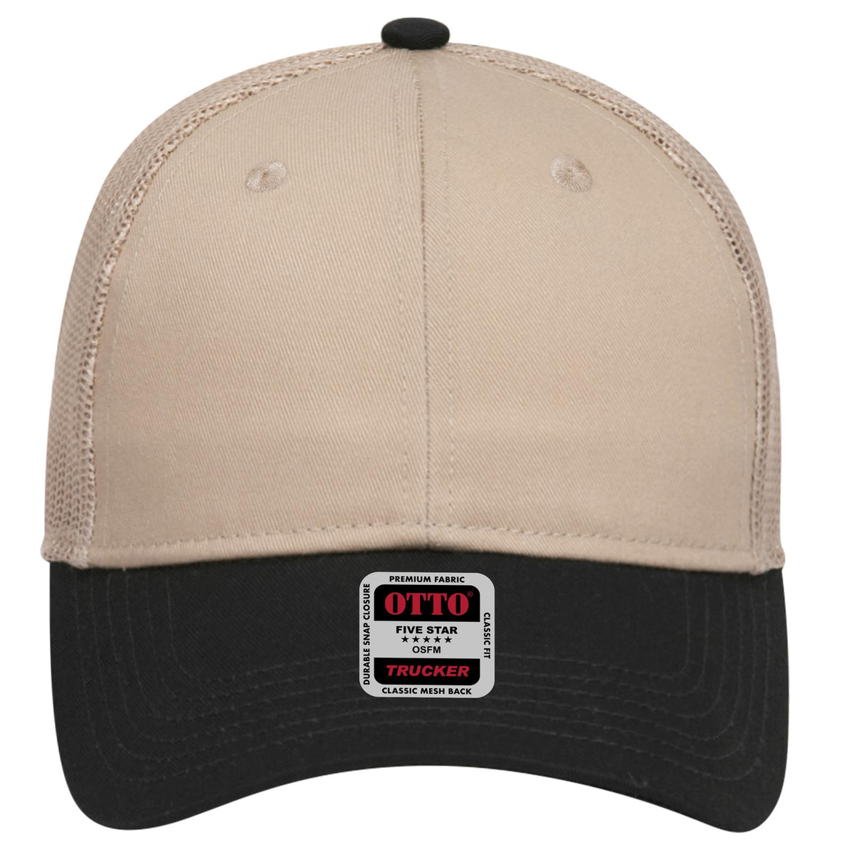 Front View of 0332 - Blk/Kha OTTO CAP 6 Panel Low Profile Mesh Back Trucker Hat