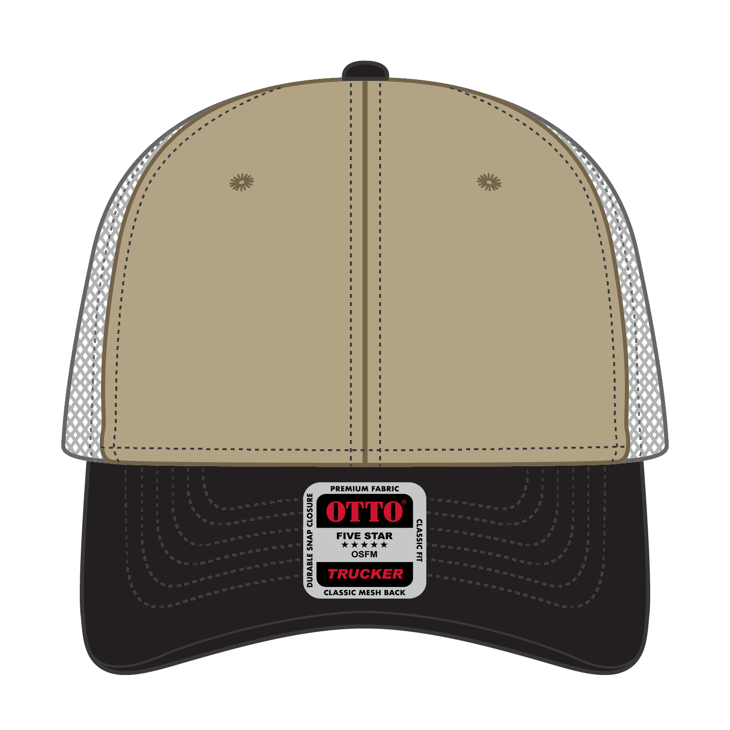 Front View of 0332 - Blk/Kha OTTO CAP 6 Panel Low Profile Mesh Back Trucker Hat