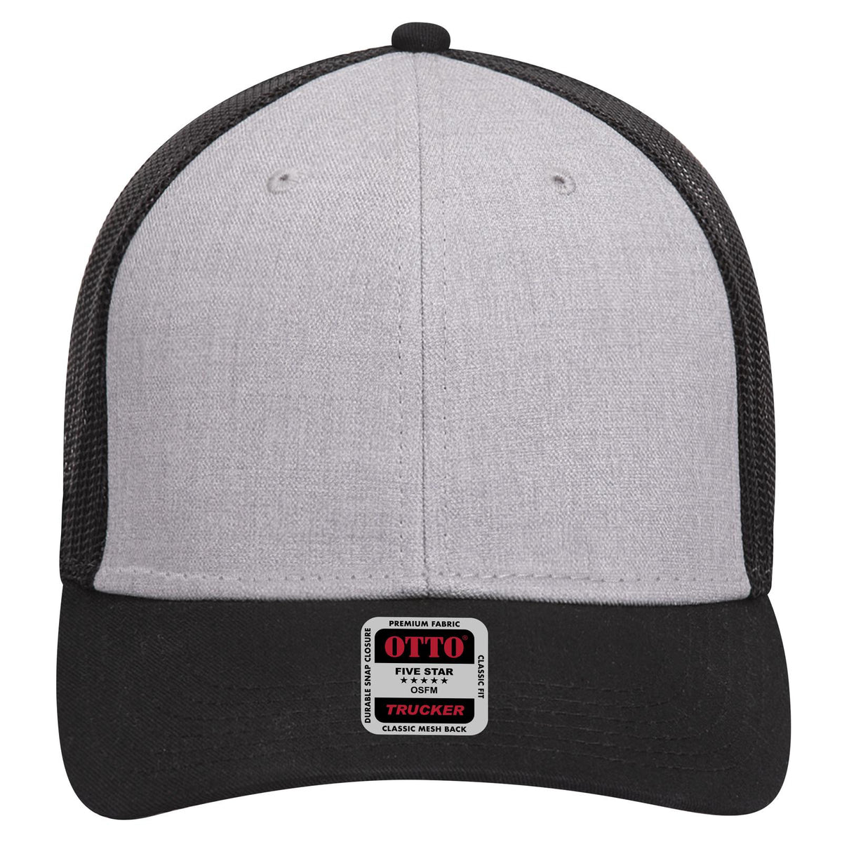 Front View of 037403 - Black/Heather Gray/Black OTTO CAP 6 Panel Low Profile Mesh Back Trucker Hat